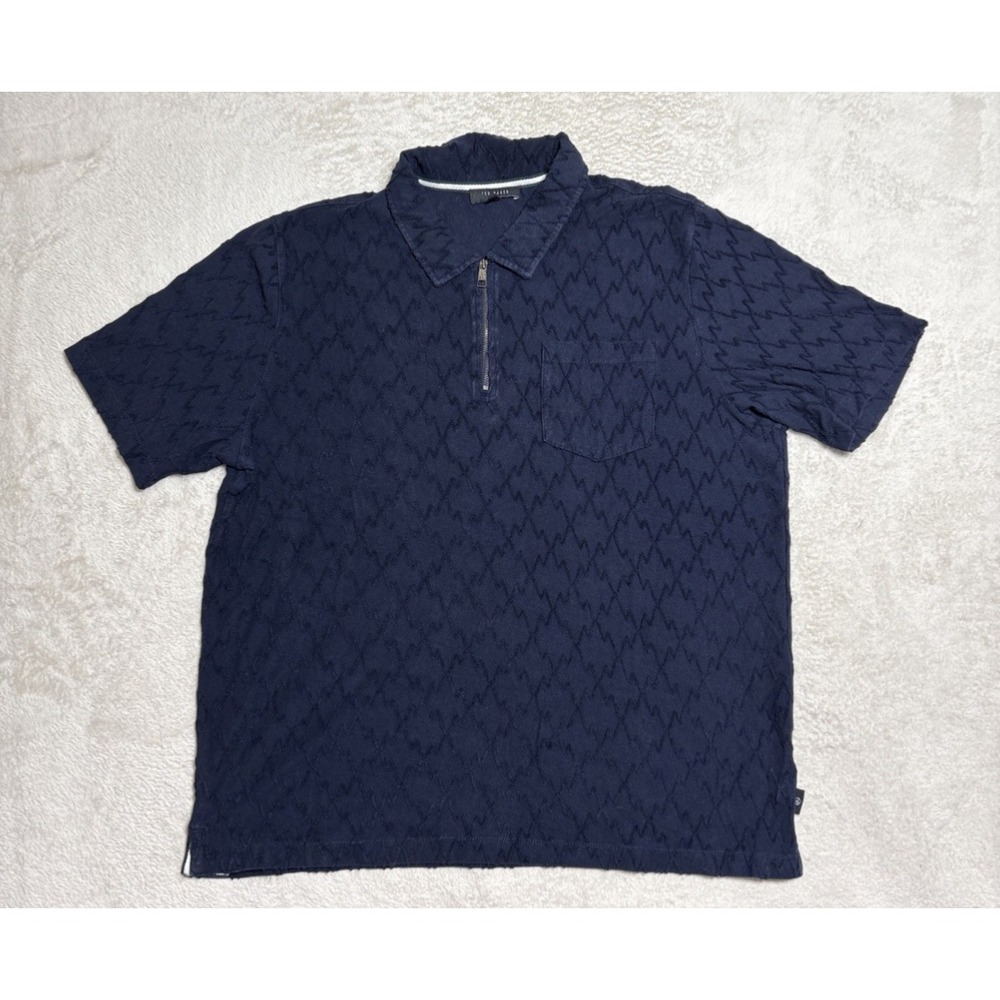 Ted Baker London Mens XL 5 Shirt Blue Embroidery Zig Zag Front Zipper Polo